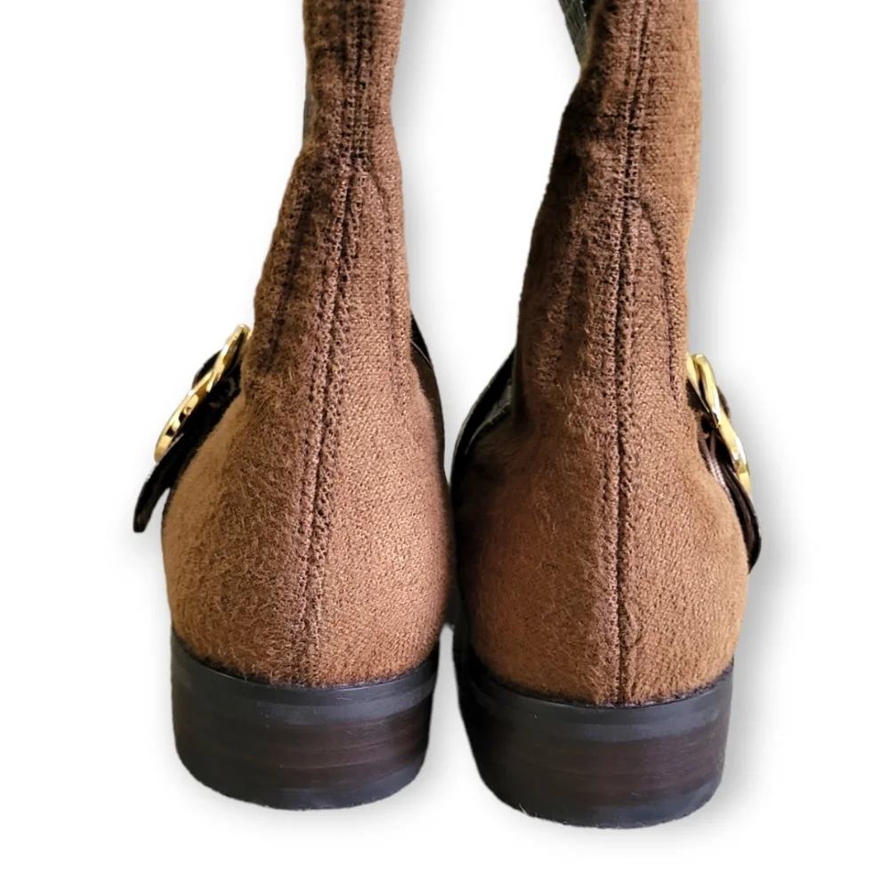 Stuart Weitzman Siella Leather Croc Embossed Riding Boots Gold Buckle 6
